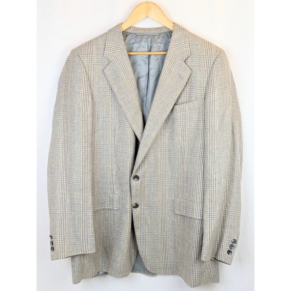 Vintage 80s Men's Lightweight Pastel Plaid Sport Coat Blazer 46L Wool Linen Silk - Picture 2 of 9